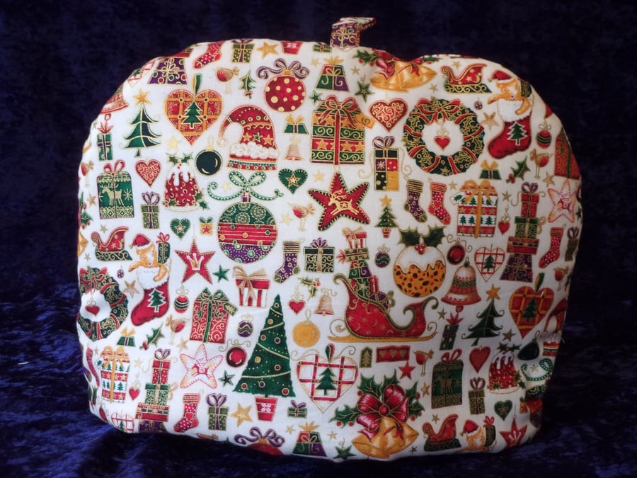 Christmas Tea Cosy with Bells, Wreaths, Christmas Trees and Decorations 