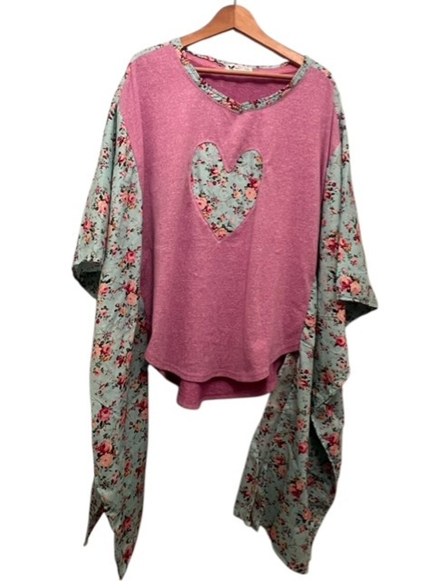 Oversized Upcycled Boho Jumper, Heart and Floral, One of a Kind, Plus Size 