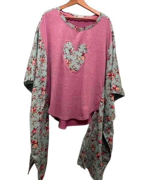 Oversized Upcycled Boho Jumper, Heart and Floral, One of a Kind, Plus Size 