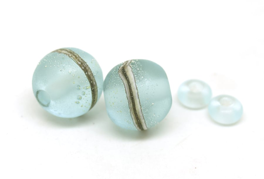 Frosted Pale Blue Bead Pair - Handmade Lampwork Beads