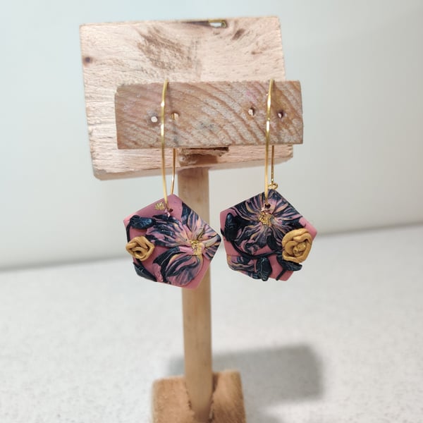 Pink and black flower slab polymer clay hoop earrings 