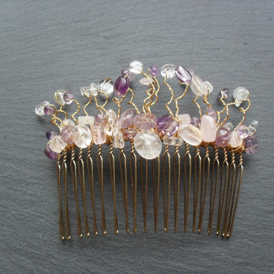 SALE Amethyst and Quartz Hair Comb HC010