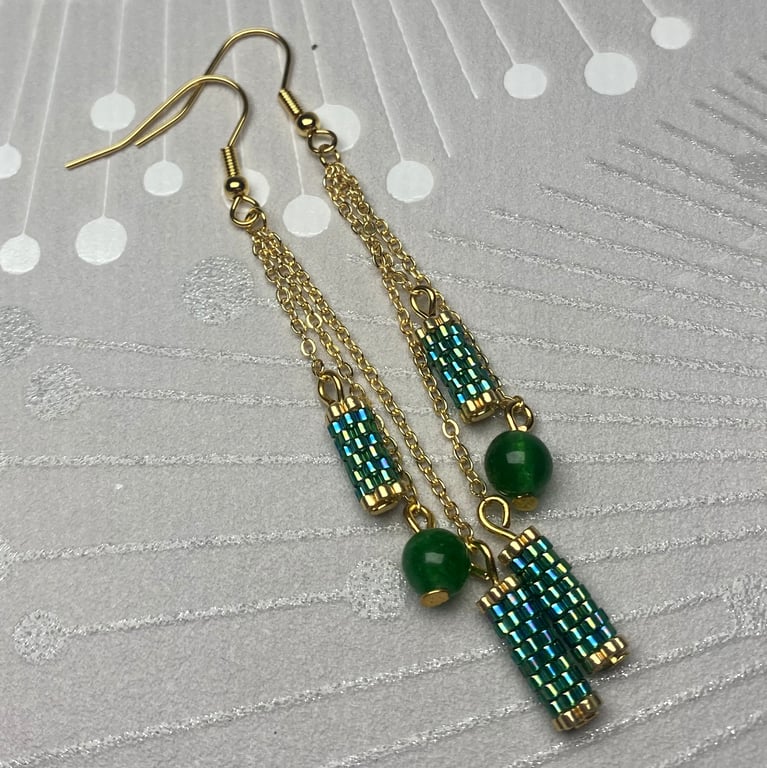 Green and gold long dangle beaded earrings with green chalcedony