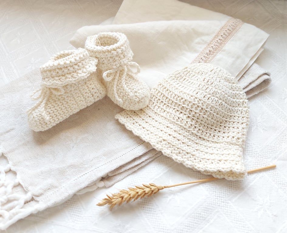 Organic Baby Hat and Booties, eco-friendly certified cotton,  0-3 up to 5 months