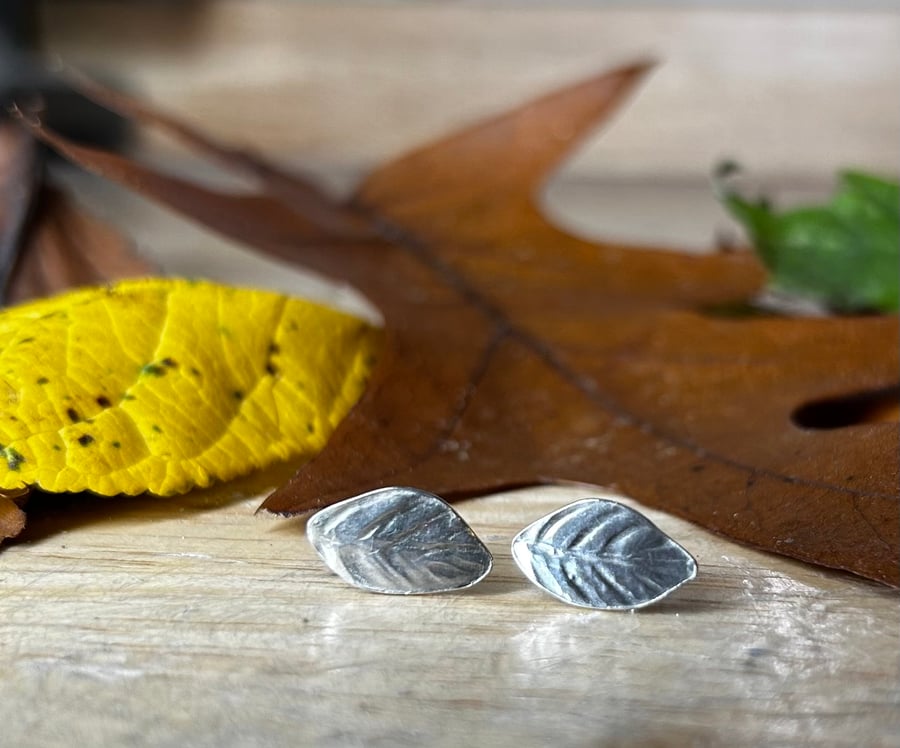 Handmade Fine & Sterling Silver Leaf Detail Stud Earrings