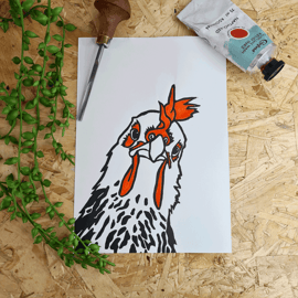Chicken handprinted limited edition lino print 5 x 7 inches
