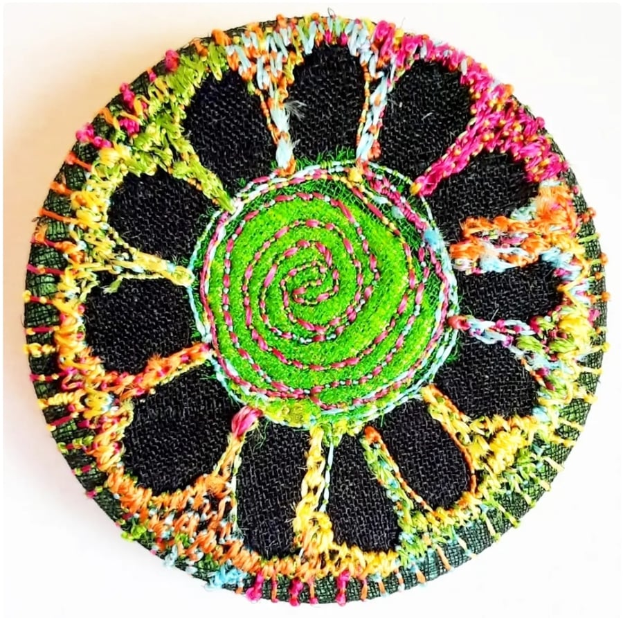 38mm Badge Hand Dyed Fabric Floral badge with Free Machine Embroidery 