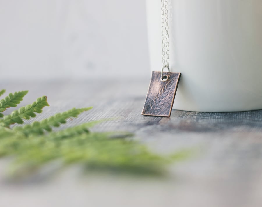 Copper Oxidised Fern Leaf Pattern Pendant Nature Inspired Gift for Her