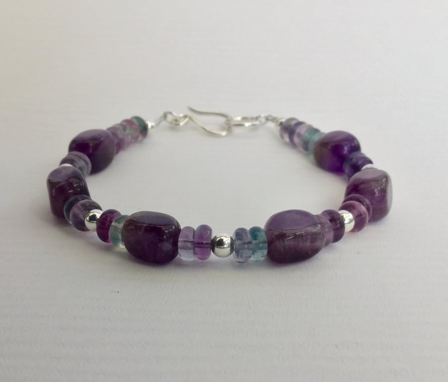 Sterling Silver Bracelet with Rainbow Fluorite and Amethyst. February Birthstone