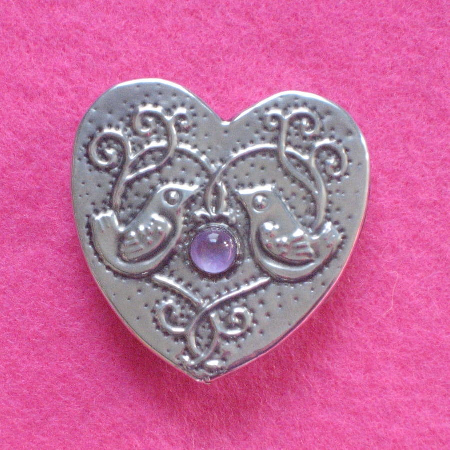 Handmade Silver Pewter and Amethyst Birds Brooch