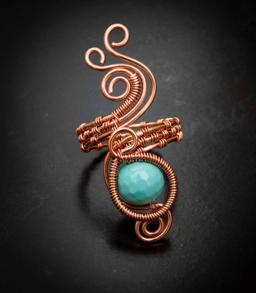 Copper ring ,copper ring-adjustable, Turquoise Shell Pearl Faceted ring.