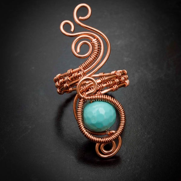 Copper ring ,copper ring-adjustable, Turquoise Shell Pearl Faceted ring.