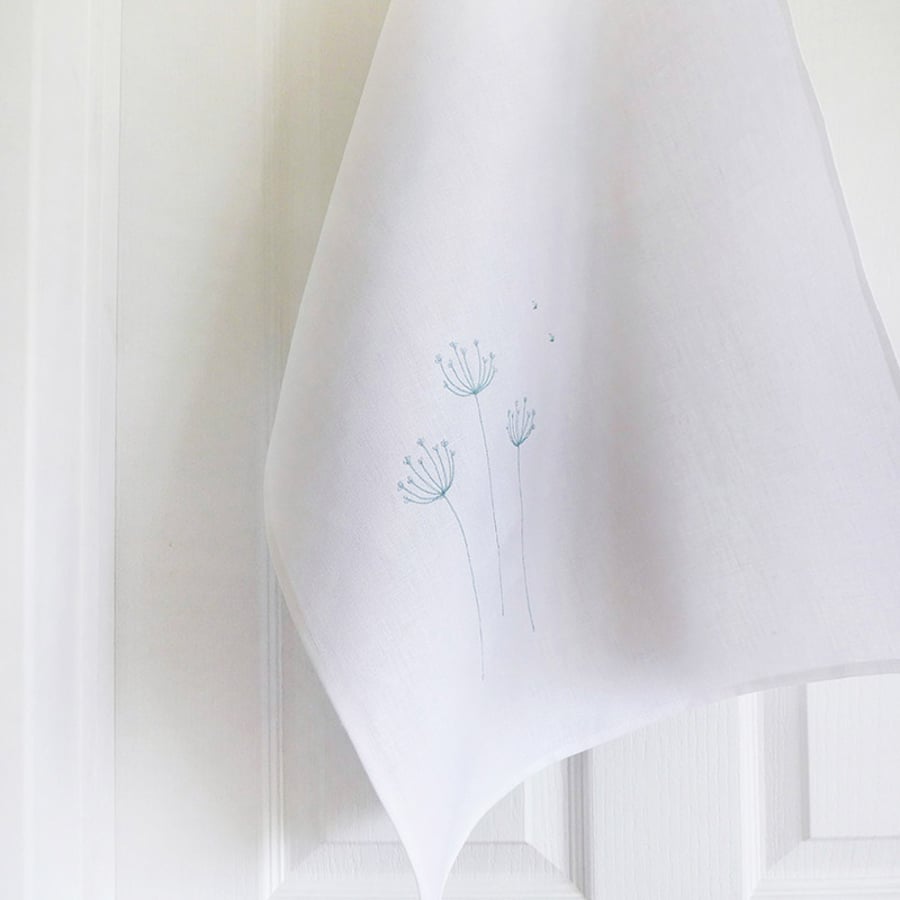 Embroidered White Linen Cow Parsley Tea Towel