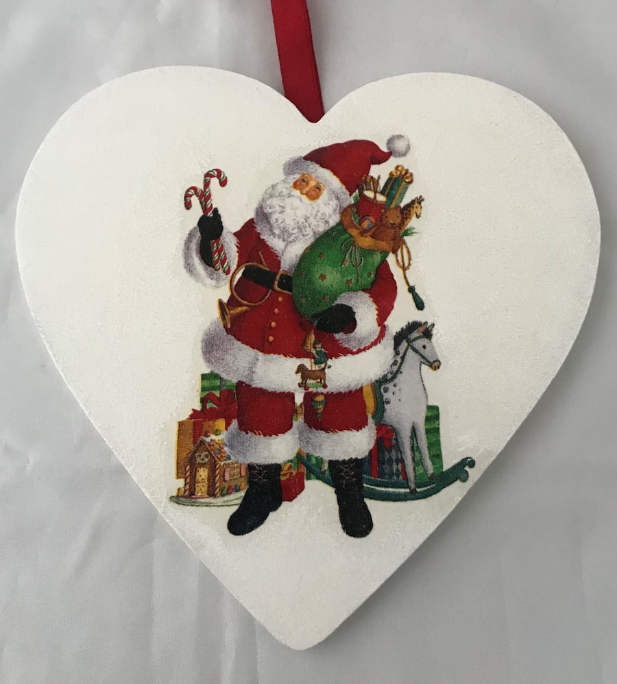Decorated Christmas Wooden Heart Decoration Vintage Santa Rocking Horse