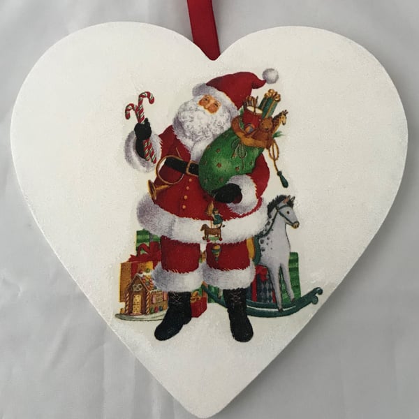 Decorated Christmas Wooden Heart Decoration Vintage Santa Rocking Horse