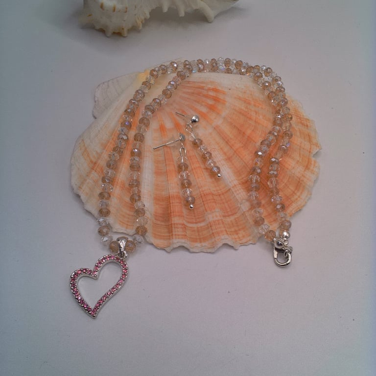 Pink Rhinestone Heart on a Dusky Pink and Clear Crystal Necklace and Earrings