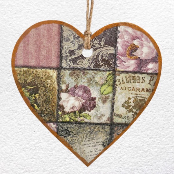 Vintage Rose: Decoupaged Wooden Hanging Heart 15cm (6")