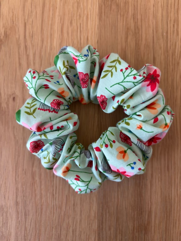 Cotton scrunchie hair accessory in pretty green floral design