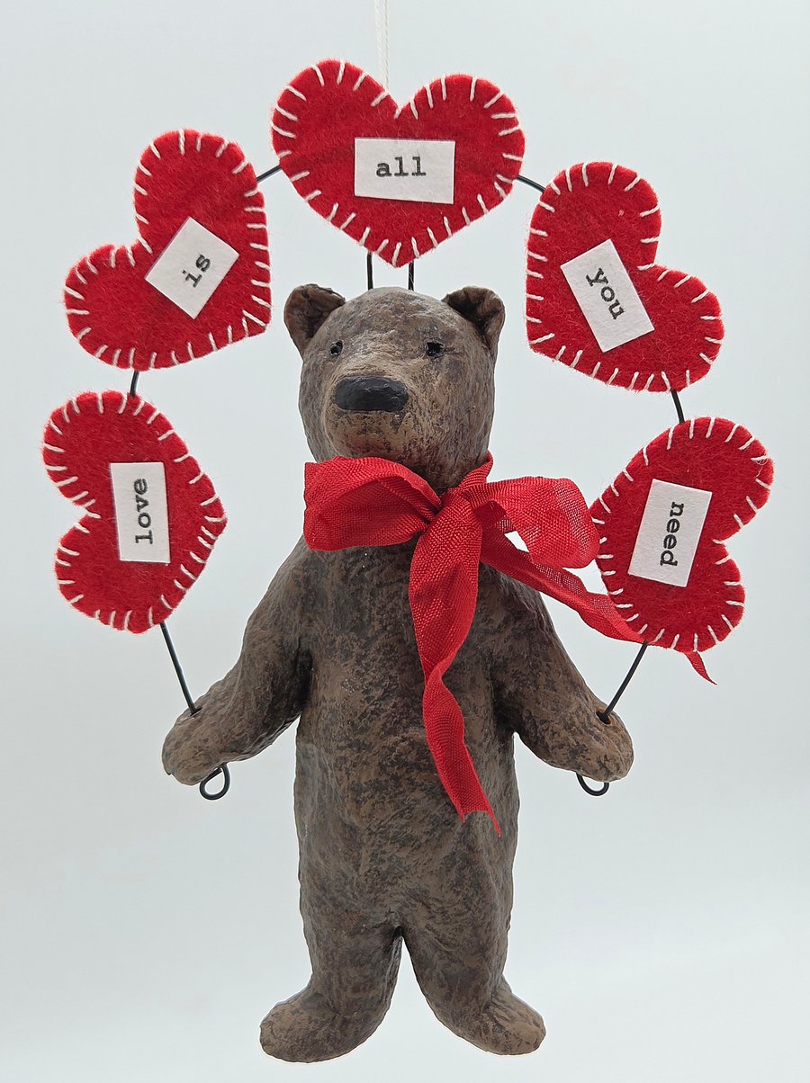 Charming Spun Cotton Brown Bear Valentine’s Ornament