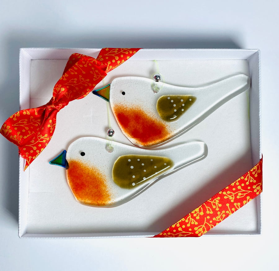  Lovely Christmas decoration gift set-two fused glass robins