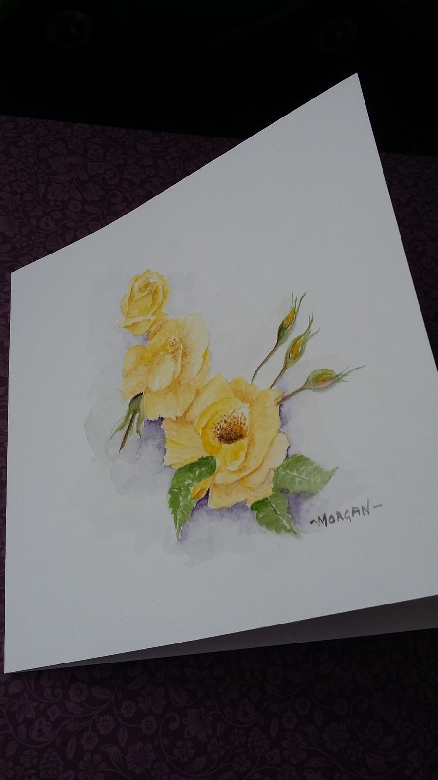HAND PAINTED WATER COLOUR LEMON ROSES CARD