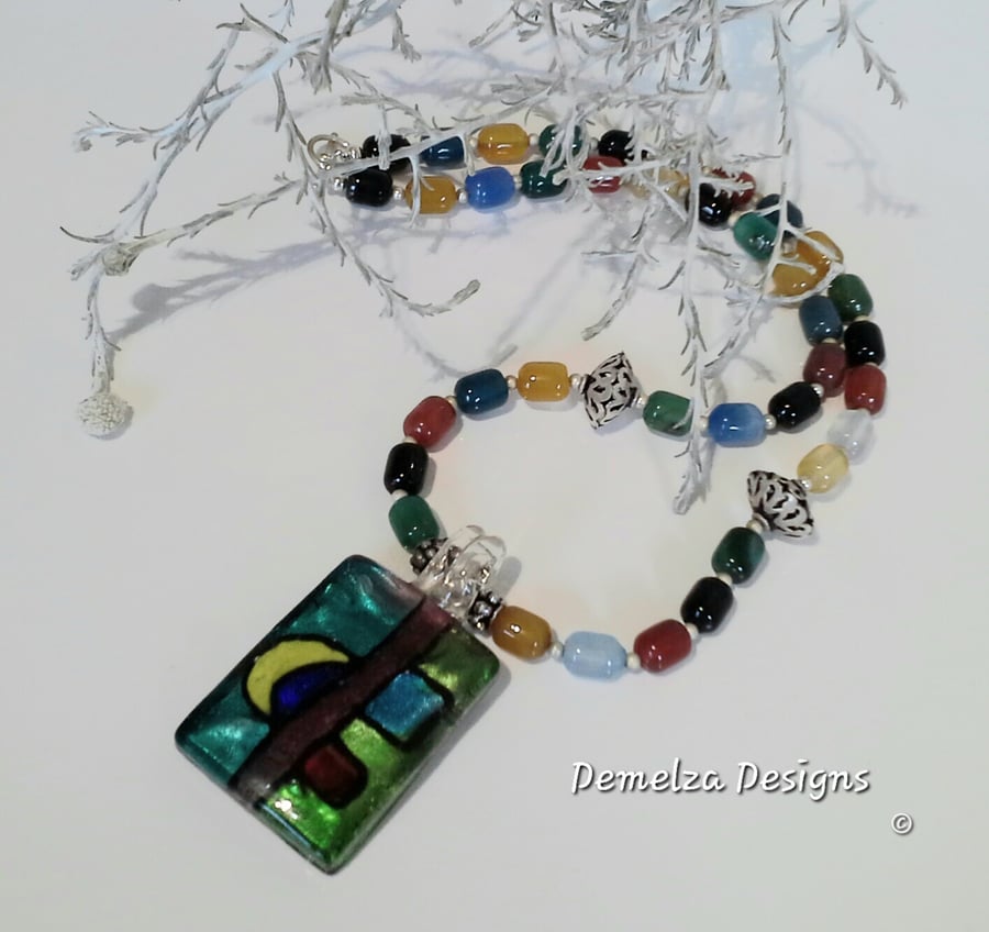 ONE OFF Hand Blown Glass Pendant & Multi Colour Infused Dyed Agate Necklace