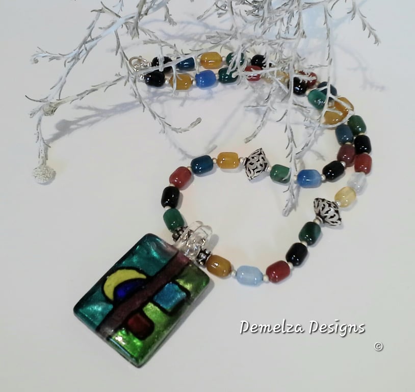 Hand Blown Glass Pendant & Multi Colour Infused Dyed Agate Necklace ONE Off