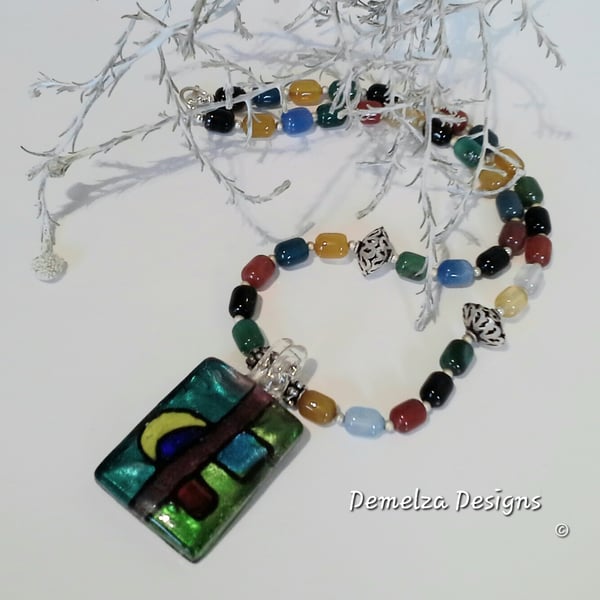 ONE OFF Hand Blown Glass Pendant & Multi Colour Infused Dyed Agate Necklace