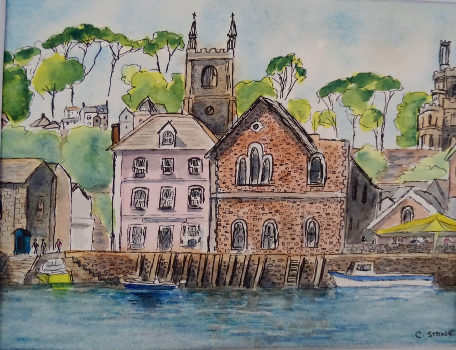 Fowey Harbour, Cornwall original watercolour pen and wash painting.