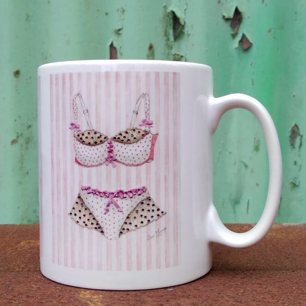 Mug printed with pink bra and knickers image from original painting