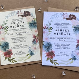 10 navy blue, blush pink, burgundy FLOWERS wreath wedding INVITES, invitations