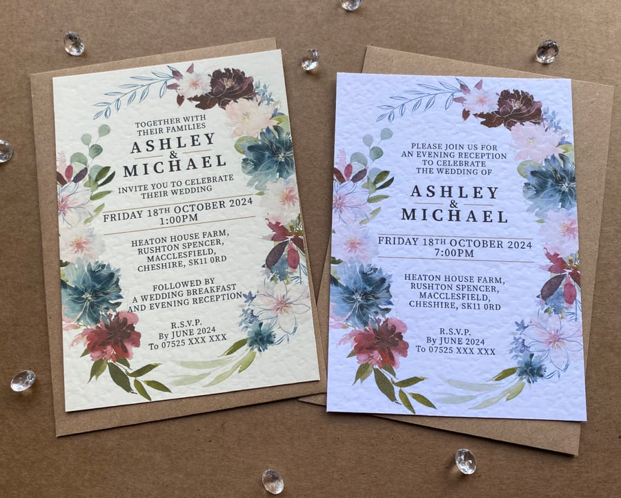 10 navy blue, blush pink, burgundy FLOWERS wreath wedding INVITES, invitations