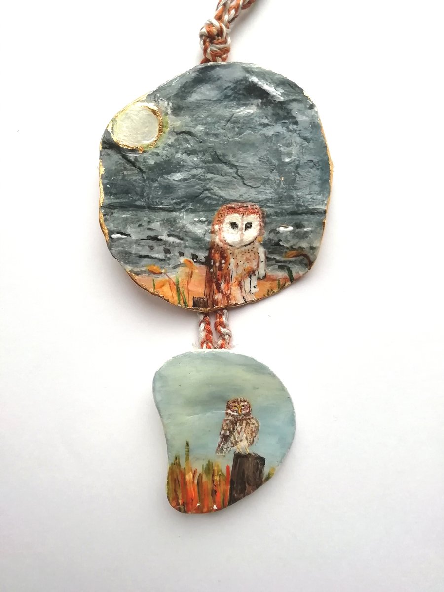 Owl painted shell hanging