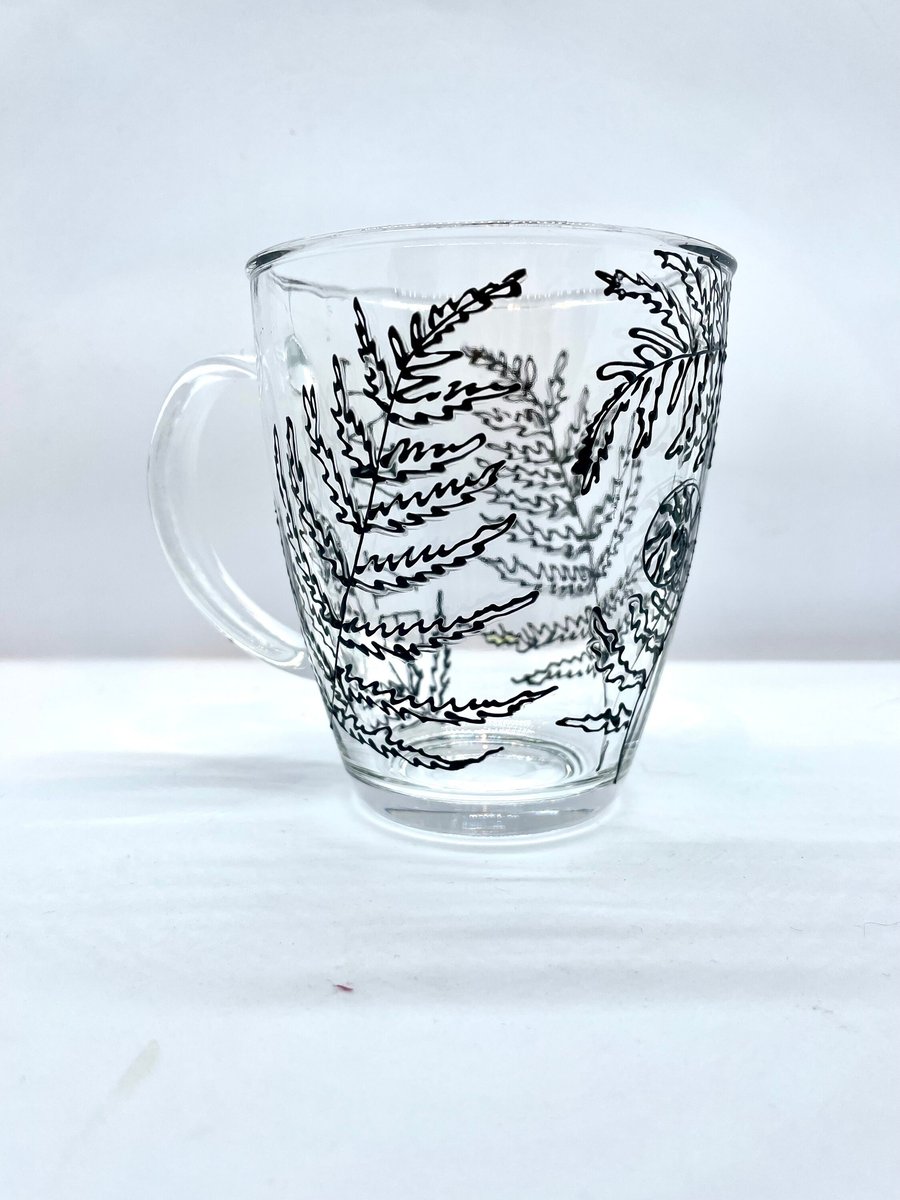 Monochrome Mug Hand Painted Coffee Cup Fern Design for Gardener and Personalised