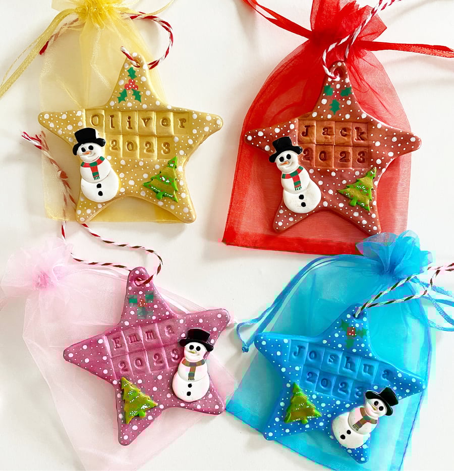 Handmade personalised Christmas star decorations 
