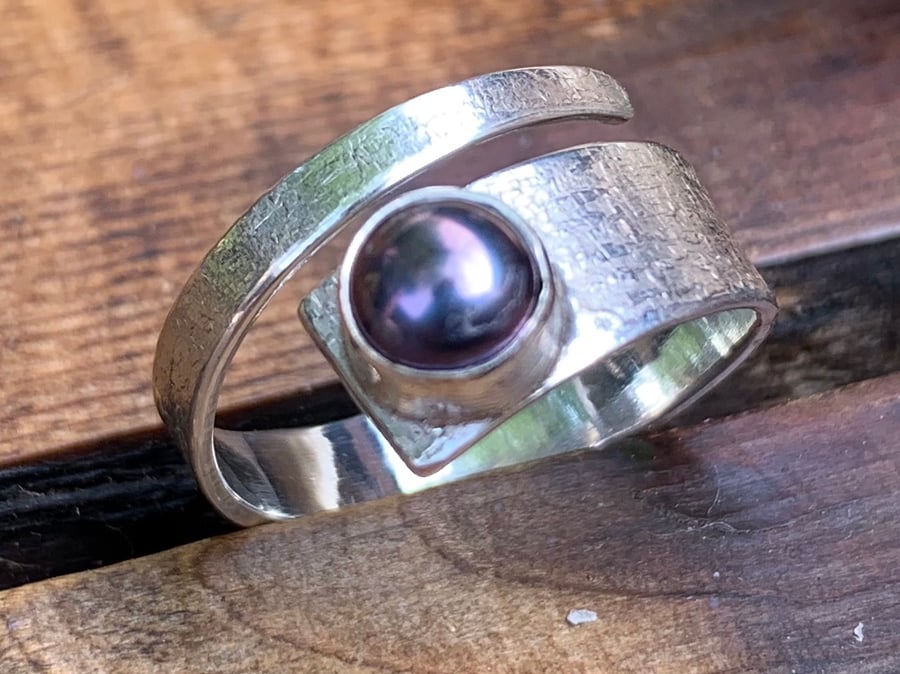 Black Freshwater Pearl and Sterling Silver ‘Wrap’ ring, 100% handmade