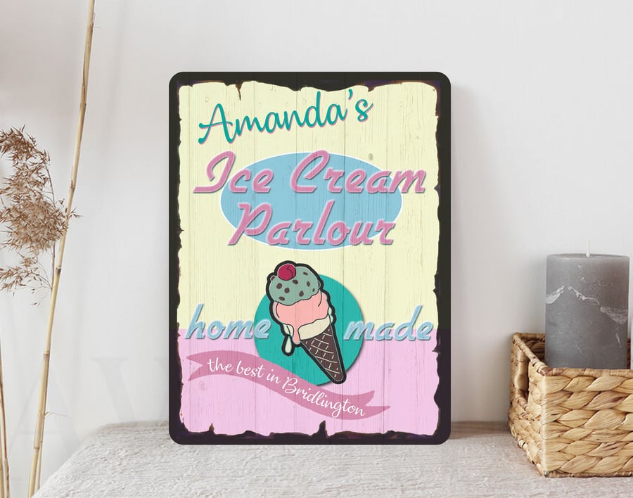 PERSONALISED Retro Vintage Ice Cream Parlour Metal Wall Sign Gift Present 