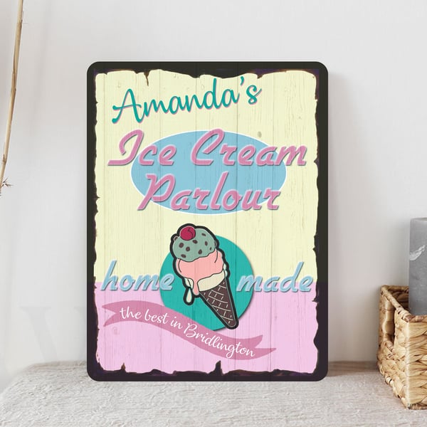 PERSONALISED Retro Vintage Ice Cream Parlour Metal Wall Sign Gift Present 