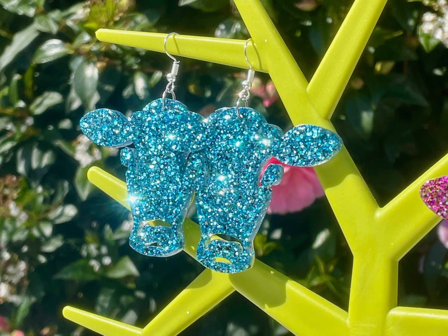GLITTER RESIN COW EARRINGS blue disco kawaii cute cool earrings ANIMALS