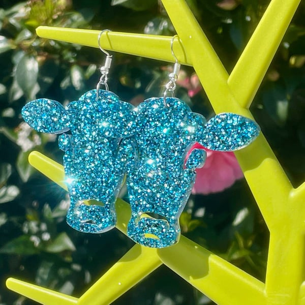 GLITTER RESIN COW EARRINGS blue disco kawaii cute cool earrings ANIMALS