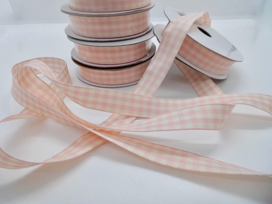 5 metres pink check ribbon 15mm wide craft sewing card making girl 