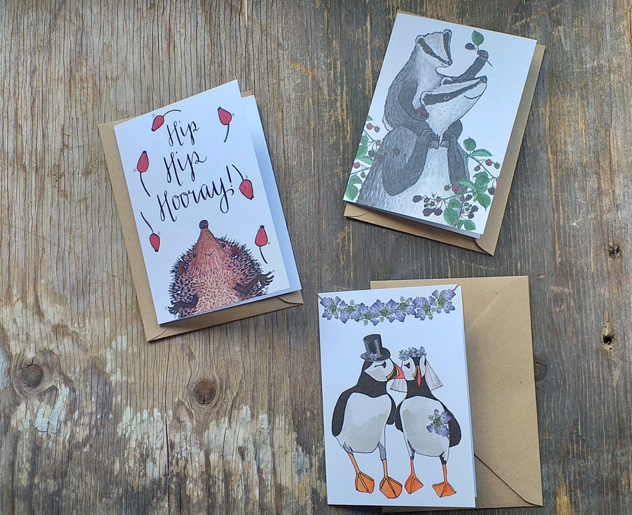 Characters cards- Blackberry picking badgers, juggling hedgehogs, puffin wedding