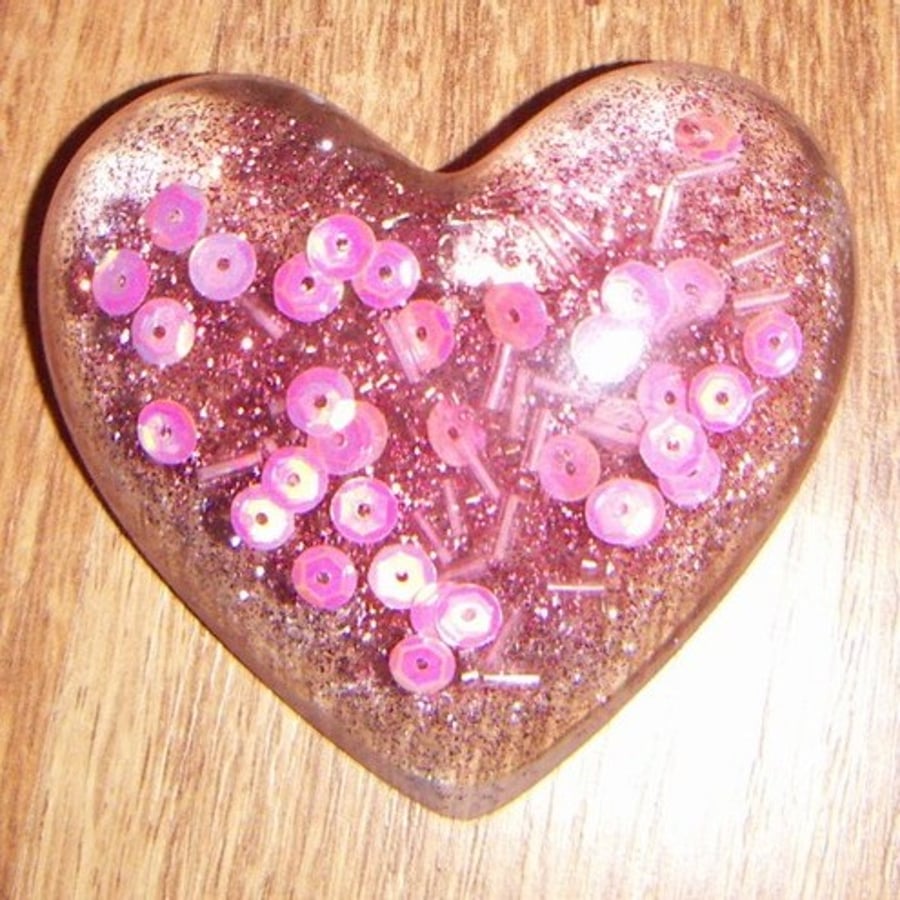 Pink resin sparkly heart brooch with pinksequins and beads