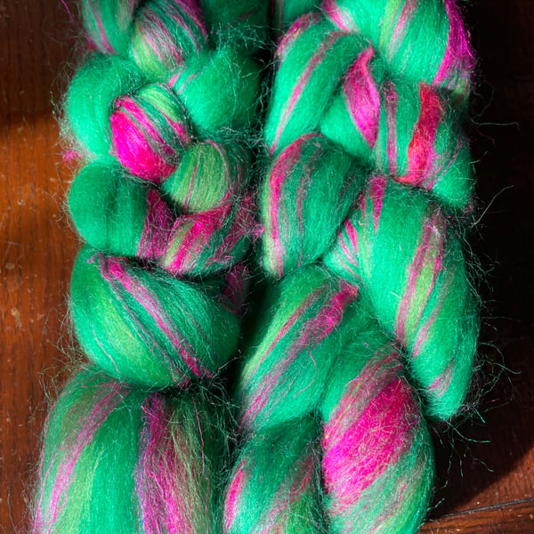 100g Blended, Combed Wool Tops for Spinning or Felting - Prickly Pear