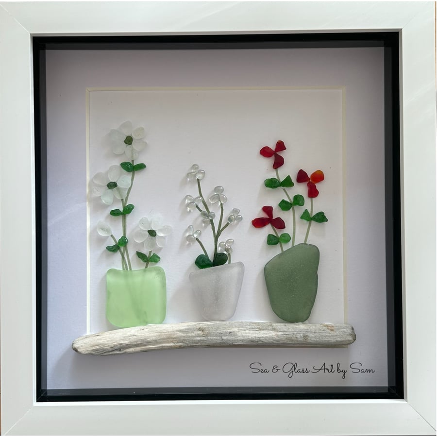 Handmade Sea Glass Potted Plants Picture - Framed 8x8 Botanical Driftwood & Pebb