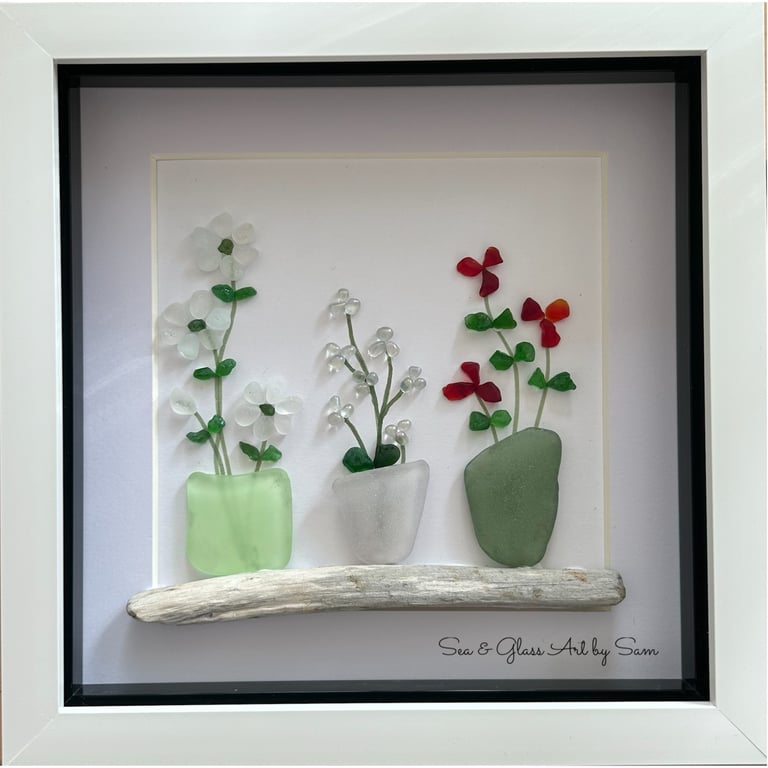 Free Postage Handmade Sea Glass Potted Plants framed 8x8 inches 