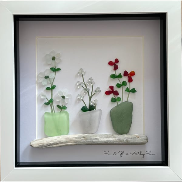 Handmade Sea Glass Potted Plants Picture - Framed 8x8 Botanical Driftwood & Pebb