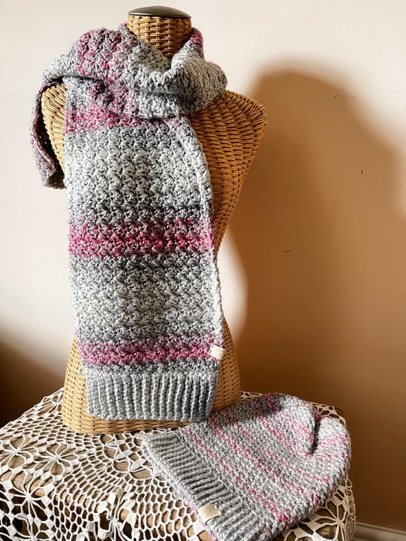 Pink and grey knitted beanie and scarf 