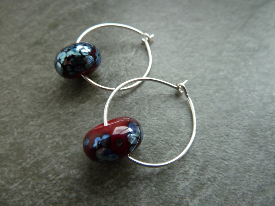 sterling silver hoop earrings, red lampwork glass