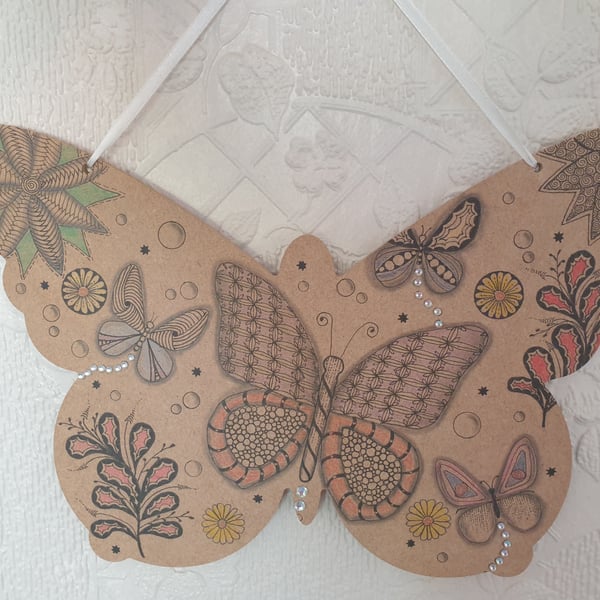 Wooden hand drawn butterfly wall hanging